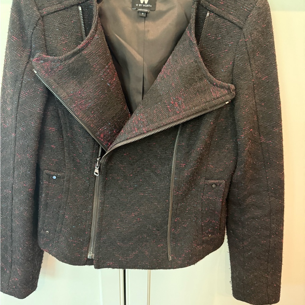 W by Worth Black Tweed Moto Jacket with Maroon and Teal Flecks